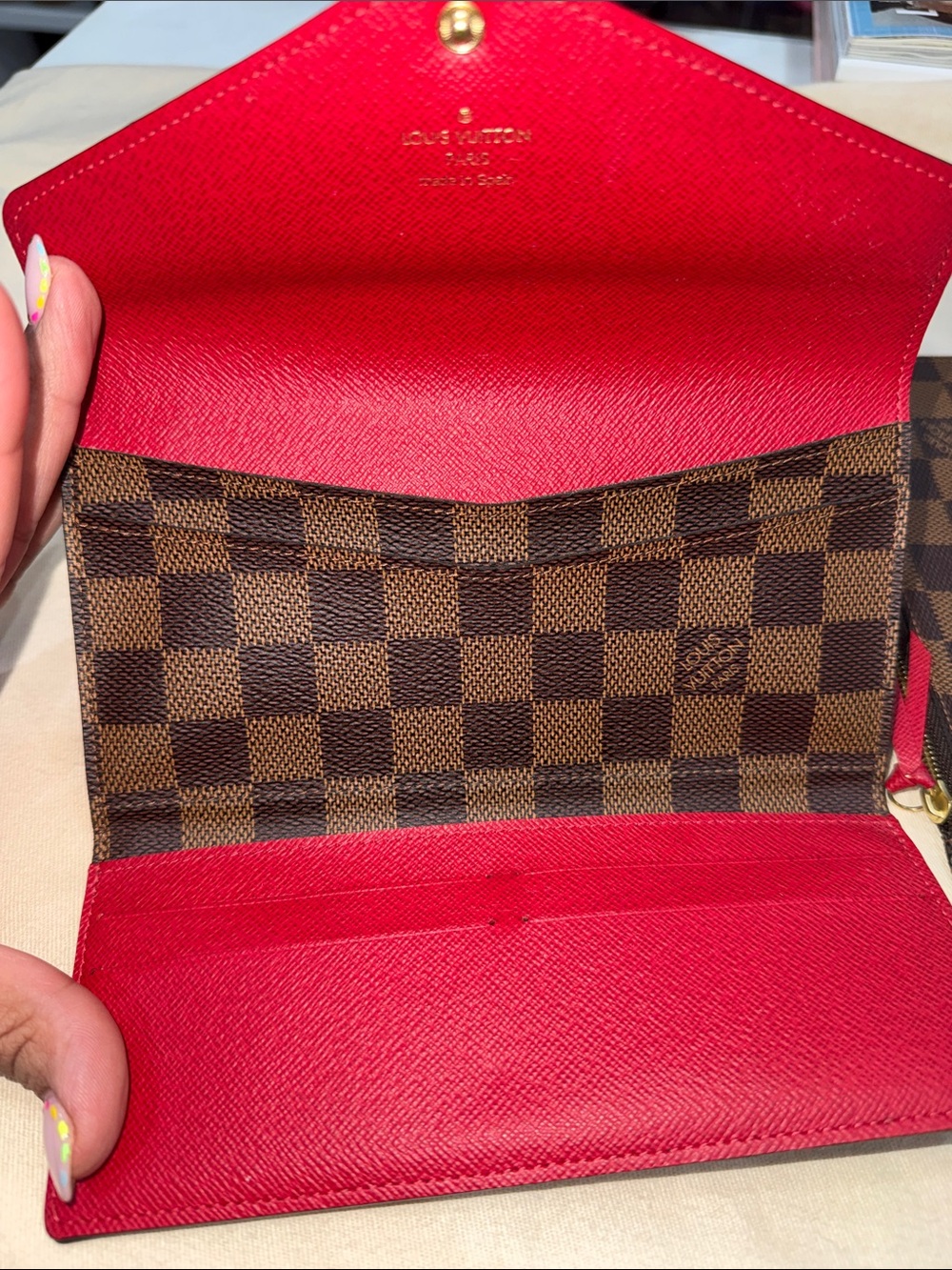 Louis Vuitton Brown Damier Ebene Checkered Wallet with Red Snap - Picture 3 of 11